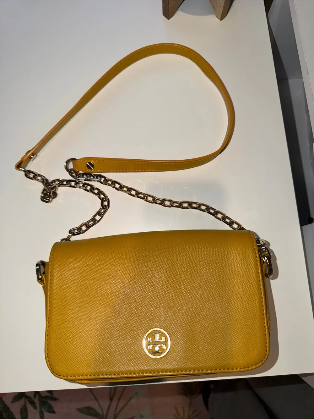 Tory Burch Mustard Yellow Leather Chain Strap Crossbody